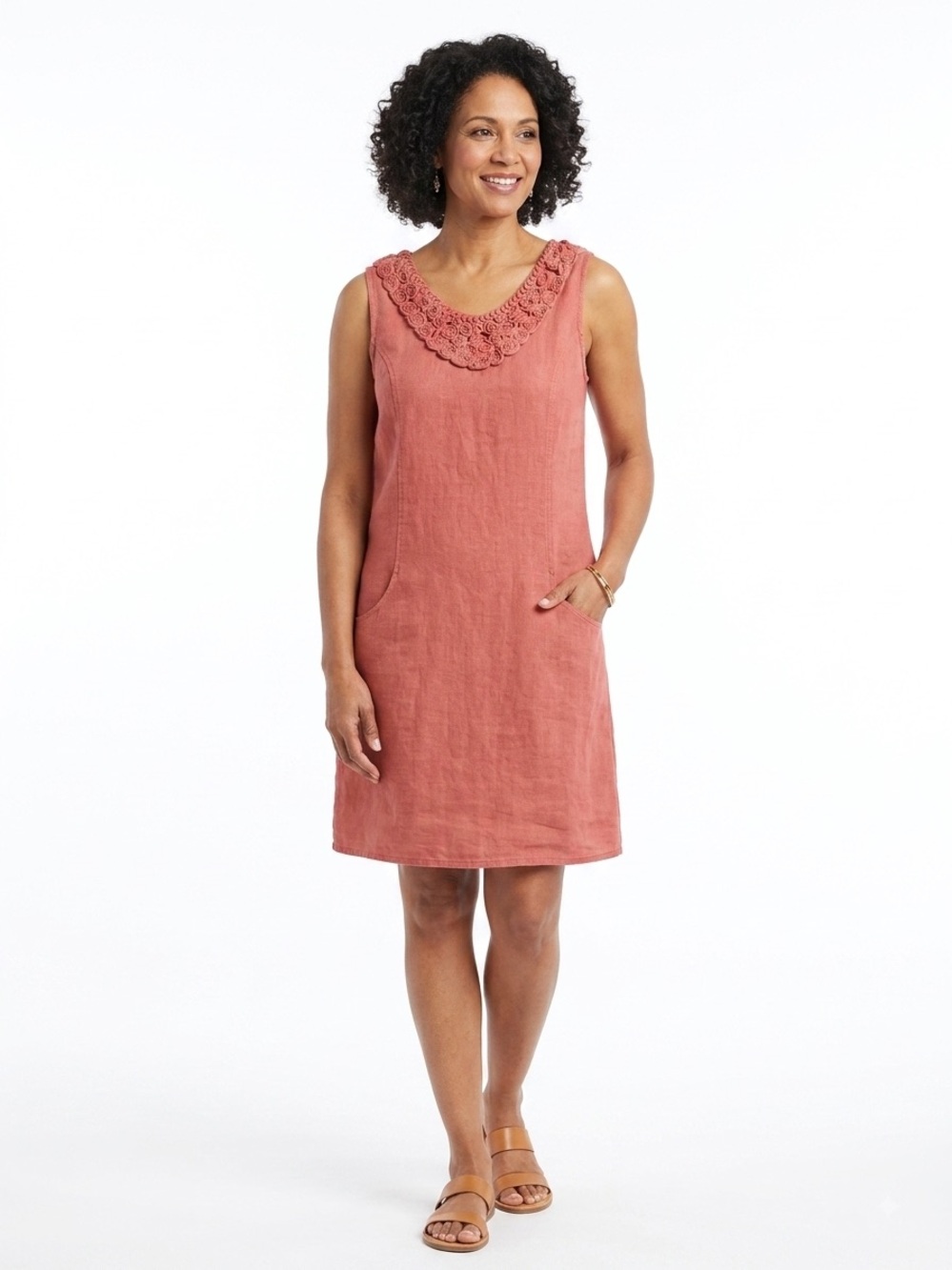 Lungo L'Arno Linen Dress Terracotta Rosette Trim Neckline Large